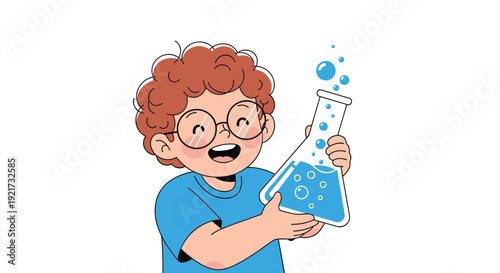 Little boy holding glass beaker with blue bubbling liquid