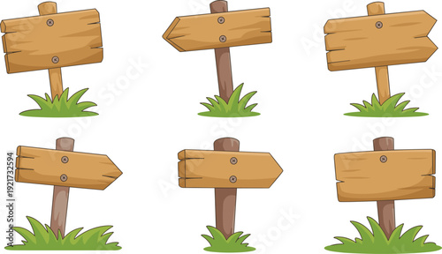 Rustic wooden signpost vector illustration, blank directional wooden planks on post, farmhouse signage set, outdoor garden wayfinding signs with grass base