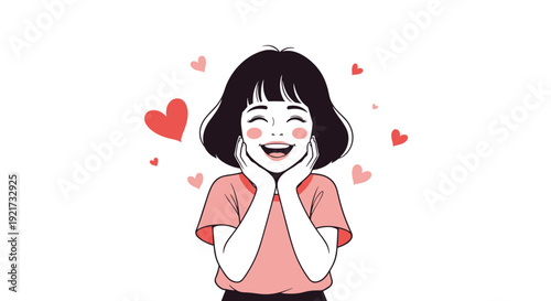 Laughing girl with bob haircut and red hearts on white background