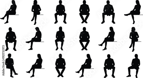 Seated people silhouettes set, black vector sitting poses of men and women, waiting and resting profiles, isolated human figures for editorial and design