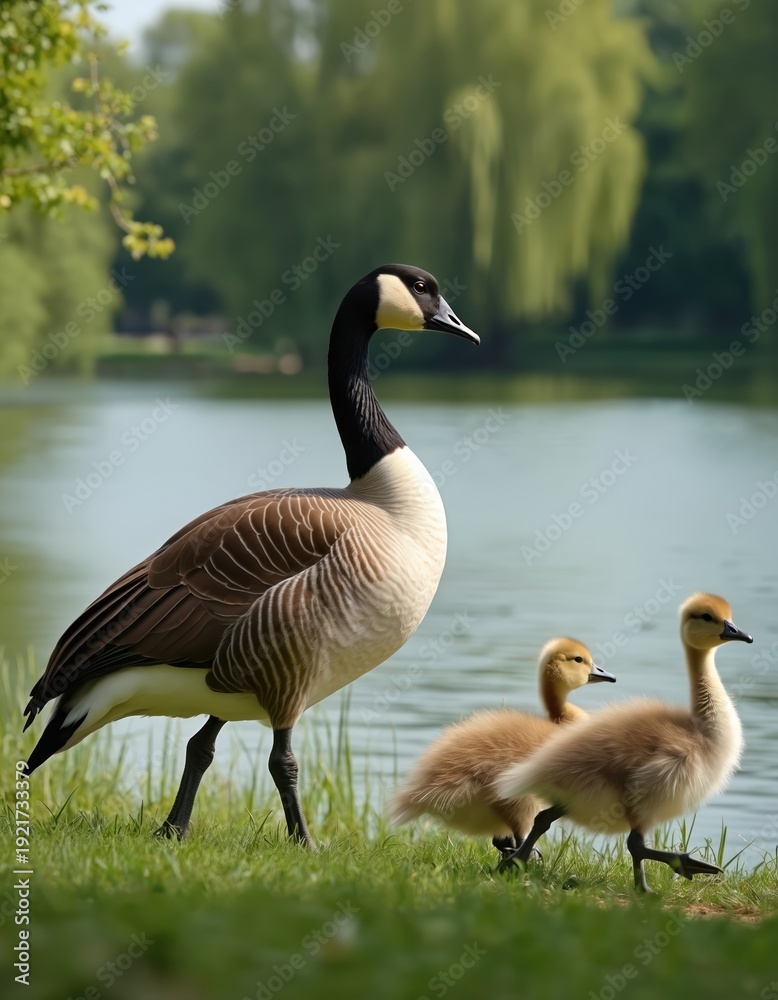 Fototapeta premium Adult goose and two fluffy goslings walk on grassy lake shore. Parent bird guards its young by calm water reflecting green trees. Wild family enjoys sunny day outdoors.