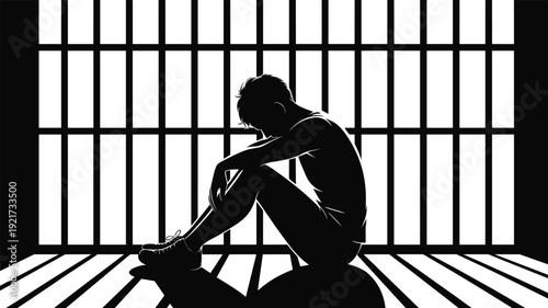 Silhouette of a lonely young person sitting inside a barred prison cell casting long shadows, black-and-white vector illustration about isolation and mental health