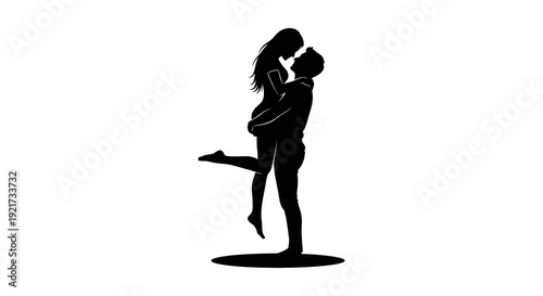 A silhouette of a couple embracing in a passionate romantic lift against a white background