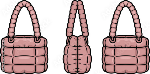 Stylish padded handbag vector illustration showing front, side and back views with chain handle, fashion accessory design for branding and mockups