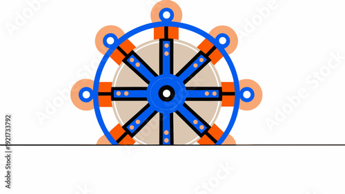 Modern industrial wheel with vibrant orange and blue components