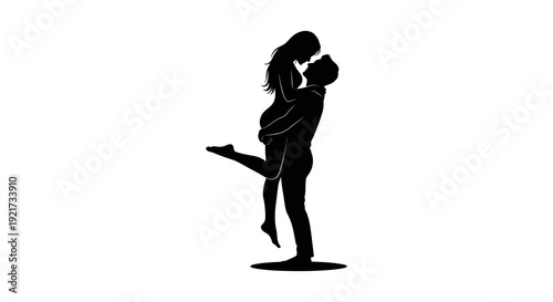 A silhouetted couple shares a passionate moment with one person lifting the other in a romantic embrace