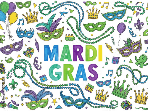 Hand drawn doodle pattern of mardi gras elements