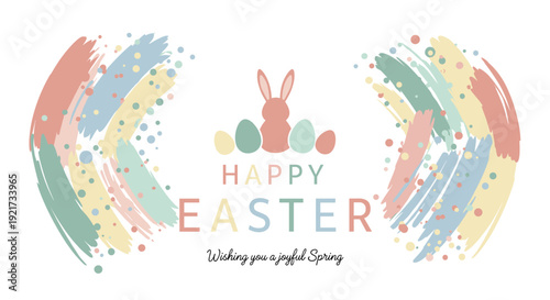 Happy Easter Greeting Card with Pastel Brush Strokes and Easter Eggs Decorations