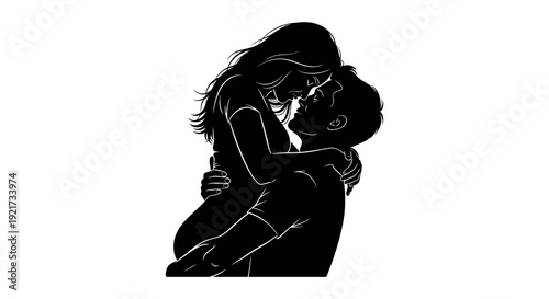 A couple embraces in a passionate kiss depicted as a striking black silhouette against white