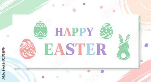 A delightful pastel illustration celebrating the spring holiday with decorated eggs and a cheerful bunny, perfect for festive greetings and seasonal promotions