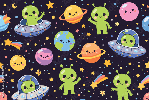 Funny Kawaii Aliens and Planets Space Pattern