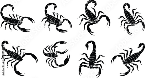 Scorpion silhouette collection, poisonous desert arthropod poses set, wildlife vector illustration, black minimalist design isolated icon pack, flat graphic symbols