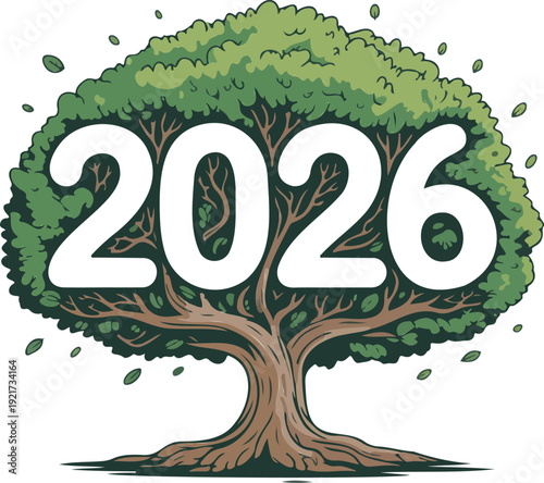 Eco-Friendly New Year 2026 Vector Illustration  Green Topiary Tree Numbers