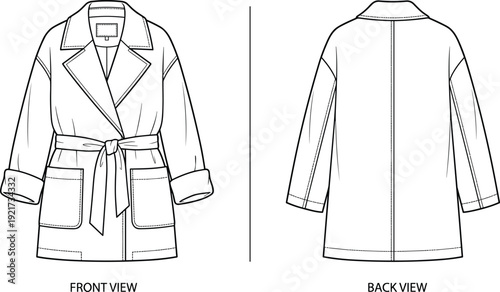 Coat technical fashion flat sketch with front and back views, lapel collar, belt, and pockets - vector illustration set
