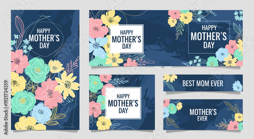 Elegant floral design set for Mother's Day, featuring beautiful pastel flowers and foliage on a dark blue textured background, ideal for cards and banners