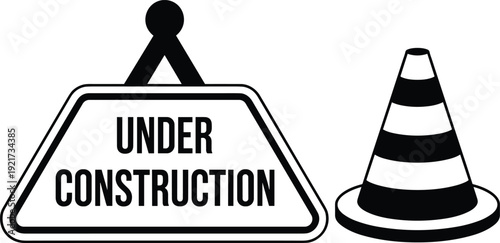 Under Construction Warning Sign with Traffic Cone — Roadwork Safety Icon, Caution Banner for Site Maintenance and Repair
