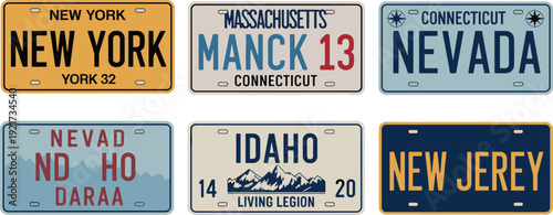 Vintage USA license plates vector set, retro American car number plate designs, New York, Massachusetts, Connecticut, Idaho and New Jersey typography collection