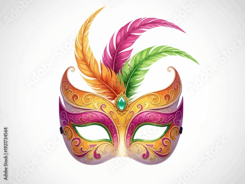 Watercolor masquerade mask with colorful feathers