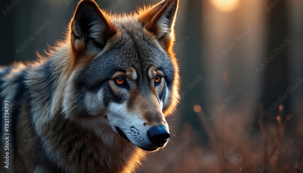 Fototapeta premium Close-up of a wolf head with alert amber eyes, fur textured, set against a soft sunset forest background. Wildlife predator ready, watchful stance, winter fur coat thick.