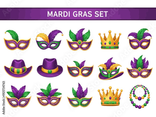 Mardi gras set of masks, hats, and beads