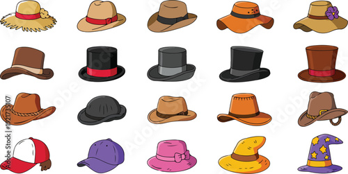 Fashionable Hat Vector Set  Fedoras, Cowboy Hats, Sun Hats, and More