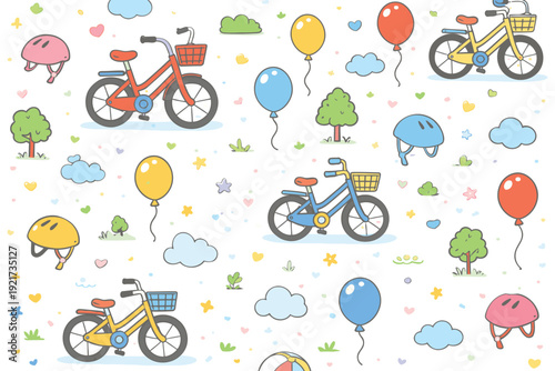 Cute Kawaii Bicycles, Helmets, Balloons, and Trees Pattern