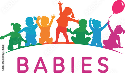 Colorful baby silhouettes playing together with balloon, happy children group illustration for kindergarten, childcare, preschool branding design vector logo concept