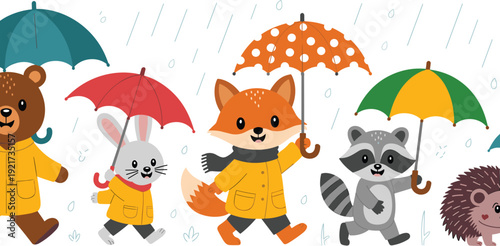 Cute cartoon animals walking in rain with umbrellas vector illustration woodland characters in raincoats