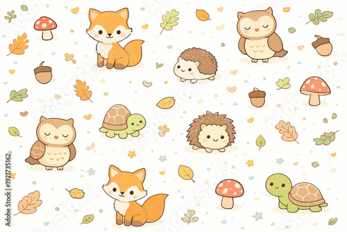 Adorable Kawaii Forest Animals: Fox, Owl, Hedgehog, Turtle