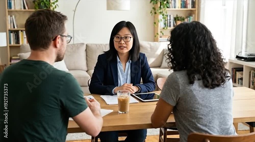 Wallpaper Mural Professional female advisor consults diverse couple on financial planning, real estate, or legal matters in a modern office. Torontodigital.ca