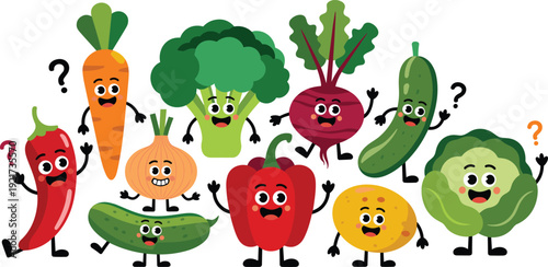Cute cartoon vegetable characters vector set with smiling healthy food mascots isolated on white background