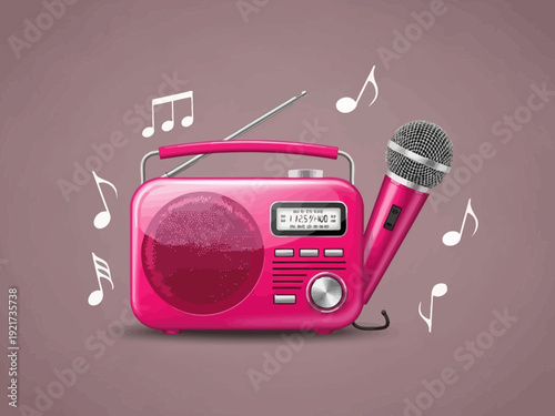 Pink portable radio and microphone with music notes