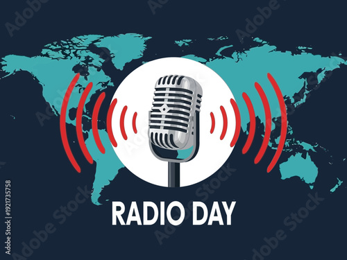 World radio day celebration with microphone and global map graphic