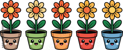 Cute Smiling Flower Pot Vector Set  Blooming Plants and Happy Faces