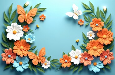 Colorful spring border with flowers and butterflies. Orange, white, and blue blossoms with green leaves frame empty blue space for text. Decorative nature elements for graphic design projects.