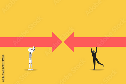 Businessman and robot collaborating to align opposing arrows, representing AI integration, strategic partnership, future teamwork, and technological synergy for success