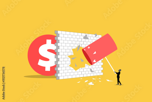 Businessman breaks through a wall barrier to reveal a large dollar sign, representing financial breakthrough, success, and wealth