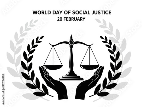 World day of social justice scales of justice with hands and laurel wreath