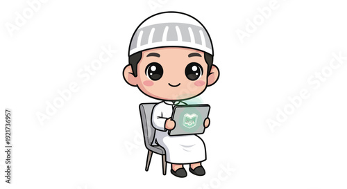 Boy sitting with green screen and smiling