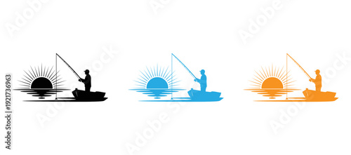 Three stylized illustrations of people fishing during different times of day isolated on transparent background, Vector