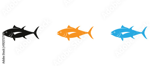 Three stylized fish icons in different colors against a white background isolated on transparent background, Vector