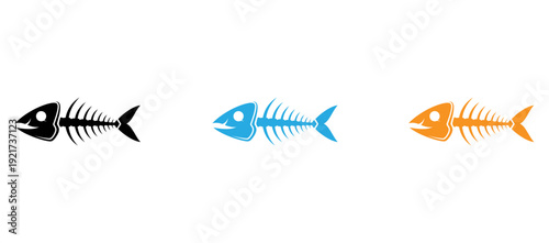 Three stylized fish skeletons in different colors isolated on transparent background, Vector
