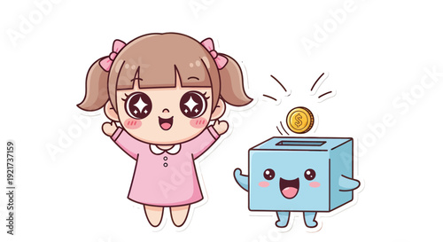Girl deposits coin into blue piggy bank happily