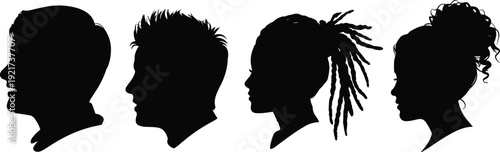 Human head profile silhouettes with diverse hairstyles, male and female hair icons, salon and barber shop vector elements, character design set.
