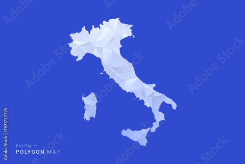 Italy Map - Polygon Style Vector Illustration in Blue and White Gradient, Low Poly Geometric Design, Isolated on Solid Background for Infographics and Digital Use.