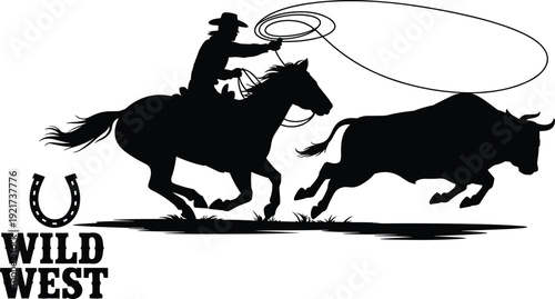 Cowboy on horse chasing bull with lasso silhouette, wild west rodeo action, western ranch life vector, American frontier equestrian scene.