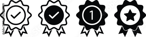 Approval check big icon set. Vector badge with ribbons icon. Medal icon set. Verified, certified, medal, correct mark, award ribbon, badge, check mark and number one.
