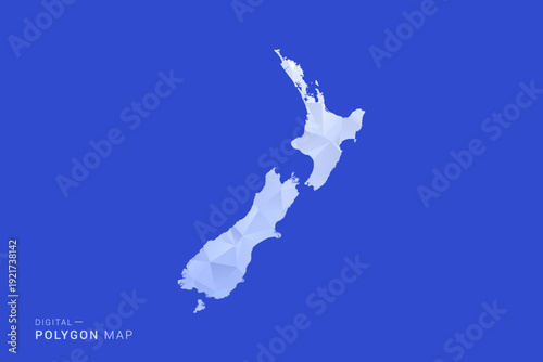 New Zealand Map - Polygon Style Vector Illustration in Blue and White Gradient, Low Poly Geometric Design, Isolated on Solid Background for Infographics and Digital Use.