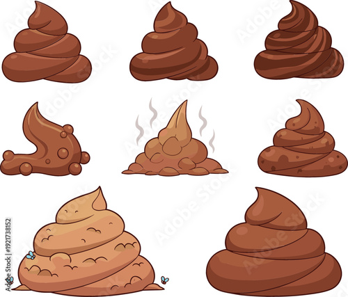 Cartoon Poop Emoji Illustration Set with Different Pile Shapes, Funny Brown Swirl Icons, and Cute Comic Style Dung Elements