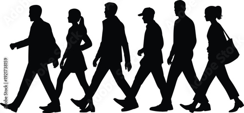 People walking silhouette set, group of pedestrians in motion, men and women commuting, diverse urban crowd figures for city life design.